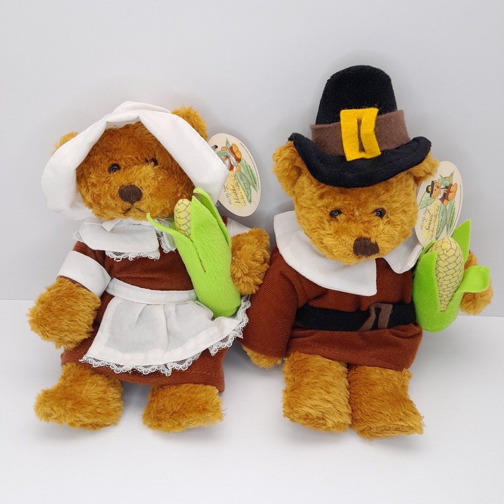 Vintage 2002 March of Dimes Plushland Thanksgiving Bears Heather‎ & Samuel NWT